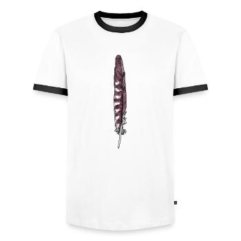 Feather brown-white hand-drawn (kestrel) - Men's Ringer Shirt - white/black - Front - AI Model Female 172 light (172cm) & AI Model Male 178 dark (178cm)