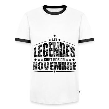 Novembre | les Légendes sont nés en Novembre Anniv - T-shirt contrasté Homme - blanc/noir - Devant - AI Model Female 172 light (172cm) & AI Model Male 178 dark (178cm)