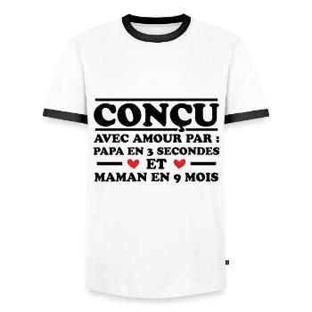 Conçu avec amour par papa et maman en 9 mois - T-shirt contrasté Homme - blanc/noir - Devant - AI Model Female 172 light (172cm) & AI Model Male 178 dark (178cm)