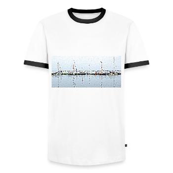 Boats and their reflection - Men's Ringer Shirt - white/black - Front - AI Model Female 172 light (172cm) & AI Model Male 178 dark (178cm)