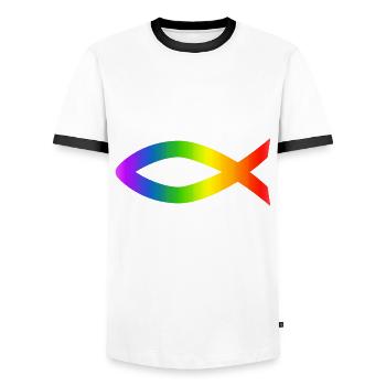Ichthys Regenbogen Christlliches Symbol Fisch - Männer Kontrast-T-Shirt - Weiß/Schwarz - Vorne - AI Model Female 172 light (172cm) & AI Model Male 178 dark (178cm)
