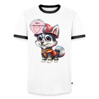 Pompier, je te protègerai, husky - T-shirt contrasté Homme - blanc/noir - Devant - AI Model Female 172 light (172cm) & AI Model Male 178 dark (178cm)