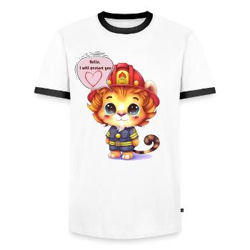 Pompier, je te protègerai, lion - T-shirt contrasté Homme - blanc/noir - Devant - AI Model Female 172 light (172cm) & AI Model Male 178 dark (178cm)