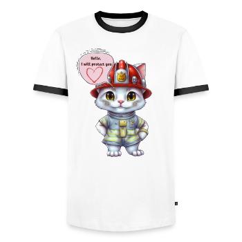 Pompier, je vais te protéger, chat - T-shirt contrasté Homme - blanc/noir - Devant - AI Model Female 172 light (172cm) & AI Model Male 178 dark (178cm)