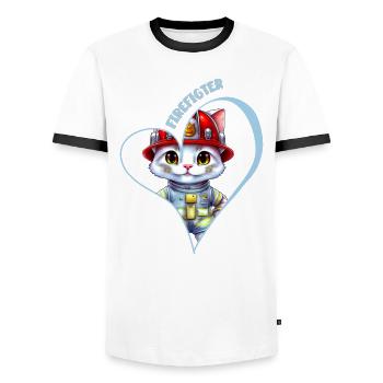 Pompier, chat doux - T-shirt contrasté Homme - blanc/noir - Devant - AI Model Female 172 light (172cm) & AI Model Male 178 dark (178cm)