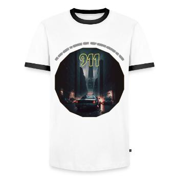 Kommt immer pünktlich an! - Männer Kontrast-T-Shirt - Weiß/Schwarz - Vorne - AI Model Female 172 light (172cm) & AI Model Male 178 dark (178cm)