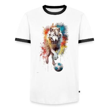 Niedliche Tierfußballspieler, weißer Wolf - Männer Kontrast-T-Shirt - Weiß/Schwarz - Vorne - AI Model Female 172 light (172cm) & AI Model Male 178 dark (178cm)