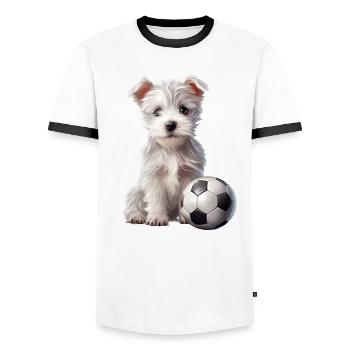 Niedliche Tierfußballspieler, Welpe - Männer Kontrast-T-Shirt - Weiß/Schwarz - Vorne - AI Model Female 172 light (172cm) & AI Model Male 178 dark (178cm)