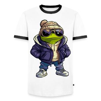 Frog Cool Comic - Men's Ringer Shirt - white/black - Front - AI Model Female 172 light (172cm) & AI Model Male 178 dark (178cm)