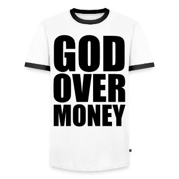 God - Men's Ringer Shirt - white/black - Front - AI Model Female 172 light (172cm) & AI Model Male 178 dark (178cm)