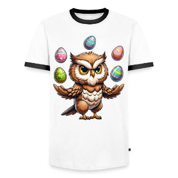 Comic Eule Jongliert mit Osterei Ostern Ei - Männer Kontrast-T-Shirt - Weiß/Schwarz - Vorne - AI Model Female 172 light (172cm) & AI Model Male 178 dark (178cm)