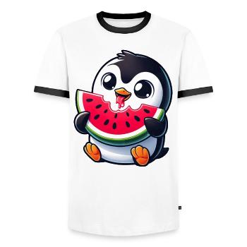 Pinguin mit Wassermelone Cartoon - Männer Kontrast-T-Shirt - Weiß/Schwarz - Vorne - AI Model Female 172 light (172cm) & AI Model Male 178 dark (178cm)