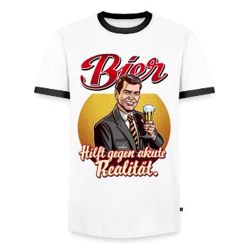 Bier: Hilft gegen akute Realität. - Männer Kontrast-T-Shirt - Weiß/Schwarz - Vorne - AI Model Female 172 light (172cm) & AI Model Male 178 dark (178cm)