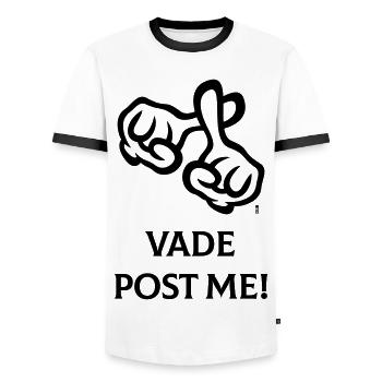 Vade Post Me! (Kreuz / Bibel / Religion / 1C) - Männer Kontrast-T-Shirt - Weiß/Schwarz - Vorne - AI Model Female 172 light (172cm) & AI Model Male 178 dark (178cm)