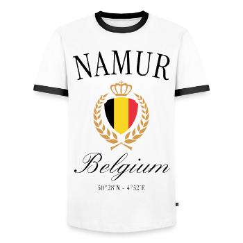 Namur Belgium Coat of Arms Crown – Travel Souvenir - Men's Ringer Shirt - white/black - Front - AI Model Female 172 light (172cm) & AI Model Male 178 dark (178cm)