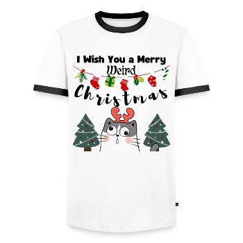 I wish You a Merry weird Christmas (Cat) - Männer Kontrast-T-Shirt - Weiß/Schwarz - Vorne - AI Model Female 172 light (172cm) & AI Model Male 178 dark (178cm)