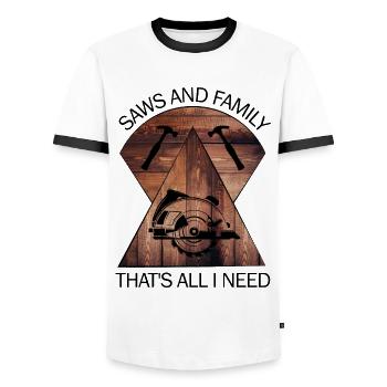 Carpenter, carpenter, carpenter, carpenter, craftsman, wood - Men's Ringer Shirt - white/black - Front - AI Model Female 172 light (172cm) & AI Model Male 178 dark (178cm)