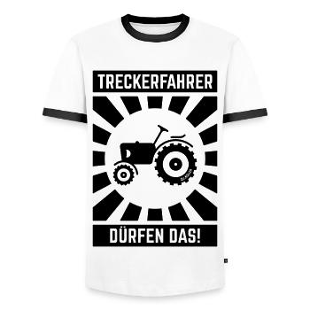Treckerfahrer Dürfen Das! (Trecker Traktor V6 B) - Männer Kontrast-T-Shirt - Weiß/Schwarz - Vorne - AI Model Female 172 light (172cm) & AI Model Male 178 dark (178cm)