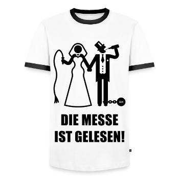 Die Messe Ist Gelesen! JGA Polterabend Hochzeit, B - Männer Kontrast-T-Shirt - Weiß/Schwarz - Vorne - AI Model Female 172 light (172cm) & AI Model Male 178 dark (178cm)