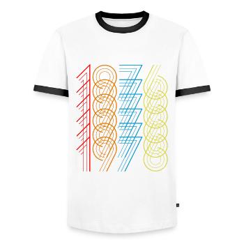 1976 - Men's Ringer Shirt - white/black - Front - AI Model Female 172 light (172cm) & AI Model Male 178 dark (178cm)