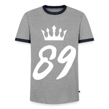 89 Number crown - Men's Ringer Shirt - grey/navy  - Front - AI Model Female 172 light (172cm) & AI Model Male 178 light (178cm)
