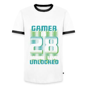This Gamer Is Video Game Lover Gamer Age 28 - Men's Ringer Shirt - white/black - Front - AI Model Female 172 light (172cm) & AI Model Male 178 dark (178cm)