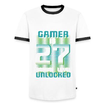 This Gamer Is Video Game Lover Gamer Age 27 - Men's Ringer Shirt - white/black - Front - AI Model Female 172 light (172cm) & AI Model Male 178 dark (178cm)