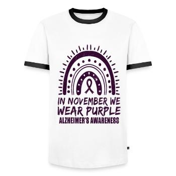 November Purple Alzheimers Awareness - Men's Ringer Shirt - white/black - Front - AI Model Female 172 light (172cm) & AI Model Male 178 dark (178cm)