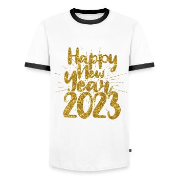 Sunburst 2023 Happy New Year 2023 New Year 2023 - Men's Ringer Shirt - white/black - Front - AI Model Female 172 light (172cm) & AI Model Male 178 dark (178cm)