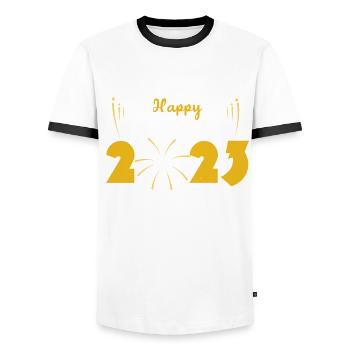 Celebrate 2023 Hello 2023 Happy New Year 2023 - Men's Ringer Shirt - white/black - Front - AI Model Female 172 light (172cm) & AI Model Male 178 dark (178cm)