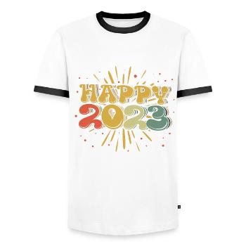 Retro Vintage New Year 2023 Hello 2023 Groovy 2023 - Men's Ringer Shirt - white/black - Front - AI Model Female 172 light (172cm) & AI Model Male 178 dark (178cm)