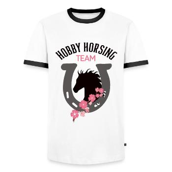 Hobby Horsing Team Reiten Hufeisen Horses Pferd - Männer Kontrast-T-Shirt - Weiß/Schwarz - Vorne - AI Model Female 172 light (172cm) & AI Model Male 178 dark (178cm)