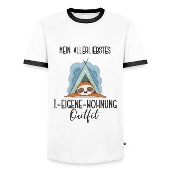 Erste Eigene Wohnung Einzug Wohngemeinschaft WG 1. - Männer Kontrast-T-Shirt - Weiß/Schwarz - Vorne - AI Model Female 172 light (172cm) & AI Model Male 178 dark (178cm)