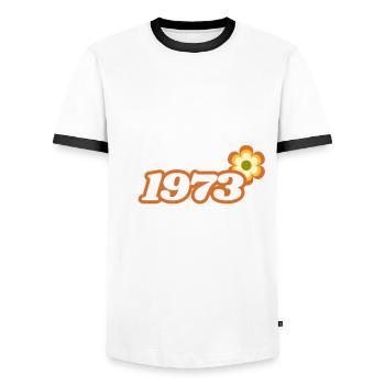 1973 Born with Retro Hippie Flower - Men's Ringer Shirt - white/black - Front - AI Model Female 172 light (172cm) & AI Model Male 178 dark (178cm)