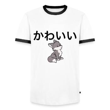 Cute Japanese - Wolf - Men's Ringer Shirt - white/black - Front - AI Model Female 172 light (172cm) & AI Model Male 178 dark (178cm)