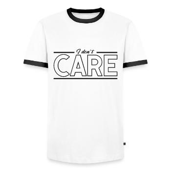 Je m'en fiche - énonciation drôle - T-shirt contrasté Homme - blanc/noir - Devant - AI Model Female 172 light (172cm) & AI Model Male 178 dark (178cm)