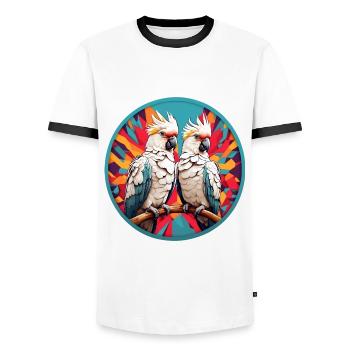 Kakadus Kakadupärchen im bunten Farbkreis - Männer Kontrast-T-Shirt - Weiß/Schwarz - Vorne - AI Model Female 172 light (172cm) & AI Model Male 178 dark (178cm)