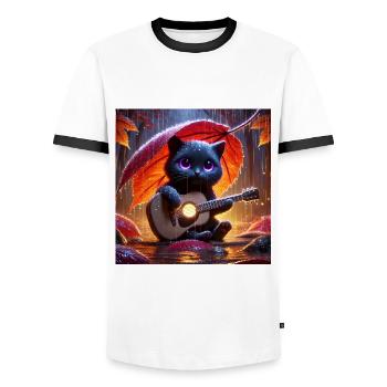 Black cat with purple eyes plays guitar - Men's Ringer Shirt - white/black - Front - AI Model Female 172 light (172cm) & AI Model Male 178 dark (178cm)