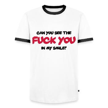 Can you see the "Fuck You" in my smile? - T-shirt contrasté Homme - blanc/noir - Devant - AI Model Female 172 light (172cm) & AI Model Male 178 dark (178cm)