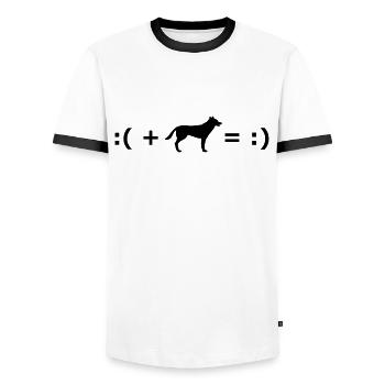 :( + Dog = :) Formula for happiness - T-shirt contrasté Homme - blanc/noir - Devant - AI Model Female 172 light (172cm) & AI Model Male 178 dark (178cm)