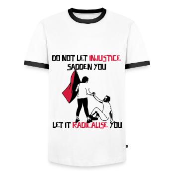 Radicalize yourselves! - Men's Ringer Shirt - white/black - Front - AI Model Female 172 light (172cm) & AI Model Male 178 dark (178cm)