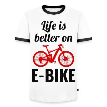 E-Bike Electric-Bike E-Cyclist Bicycling Rider - Men's Ringer Shirt - white/black - Front - AI Model Female 172 light (172cm) & AI Model Male 178 dark (178cm)