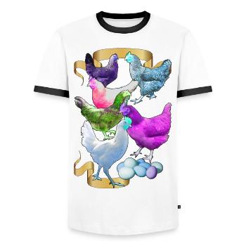 Alex' Hühner in funky Farben - Männer Kontrast-T-Shirt - Weiß/Schwarz - Vorne - AI Model Female 172 light (172cm) & AI Model Male 178 dark (178cm)