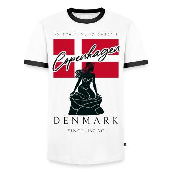 Copenhagen Mermaid Flag Travel Souvenir - Men's Ringer Shirt - white/black - Front - AI Model Female 172 light (172cm) & AI Model Male 178 dark (178cm)