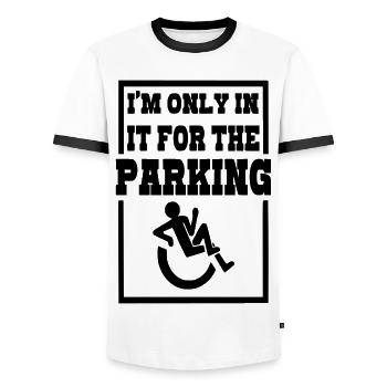 Je suis en fauteuil roulant pour les places de parking # - T-shirt contrasté Homme - blanc/noir - Devant - AI Model Female 172 light (172cm) & AI Model Male 178 dark (178cm)
