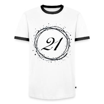 21 - Männer Kontrast-T-Shirt - Weiß/Schwarz - Vorne - AI Model Female 172 light (172cm) & AI Model Male 178 dark (178cm)