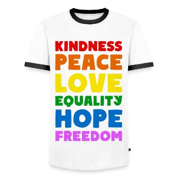 KINDNESS PEACE LOVE EQUALITY HOPE FREEDOM - Männer Kontrast-T-Shirt - Weiß/Schwarz - Vorne - AI Model Female 172 light (172cm) & AI Model Male 178 dark (178cm)