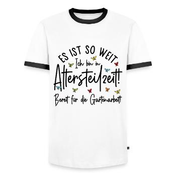 Es ist so weit - Altersteilzeit - Gartenarbeit - Männer Kontrast-T-Shirt - Weiß/Schwarz - Vorne - AI Model Female 172 light (172cm) & AI Model Male 178 dark (178cm)