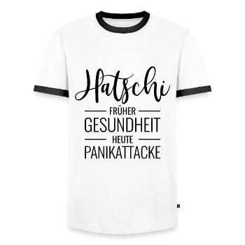 Hatschi Früher Gesundheit Heute Panikattacke sw - Männer Kontrast-T-Shirt - Weiß/Schwarz - Vorne - AI Model Female 172 light (172cm) & AI Model Male 178 dark (178cm)