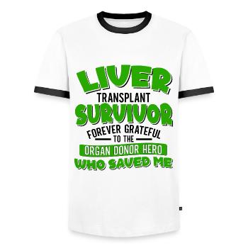 Transplantation hépatique Donneurs d’organes Don d’organes - T-shirt contrasté Homme - blanc/noir - Devant - AI Model Female 172 light (172cm) & AI Model Male 178 dark (178cm)